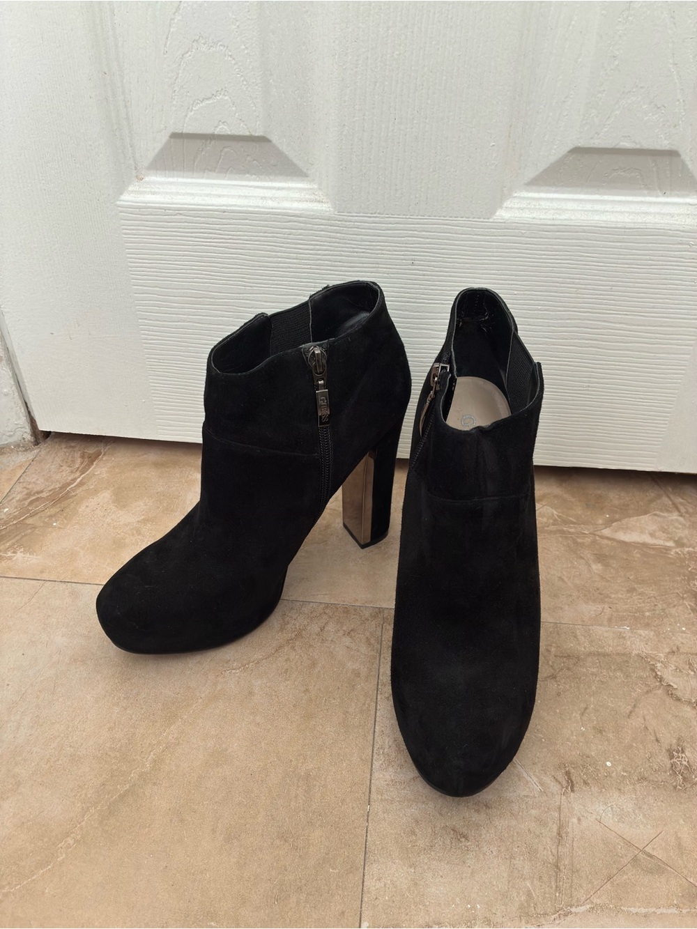 Guess Black Suede High Block-Heel Ankle Booties